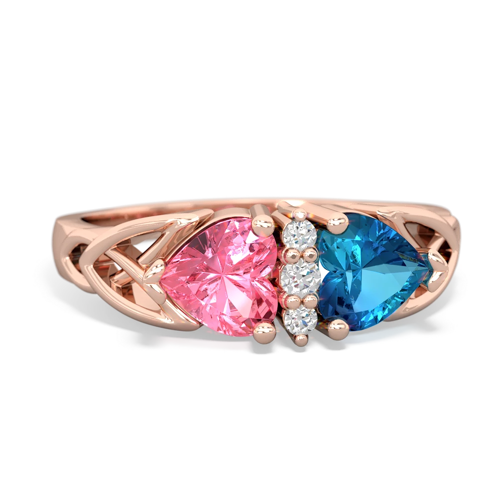 Lab Pink Sapphire Celtic Knot Double Heart 14K Rose Gold ring R5040