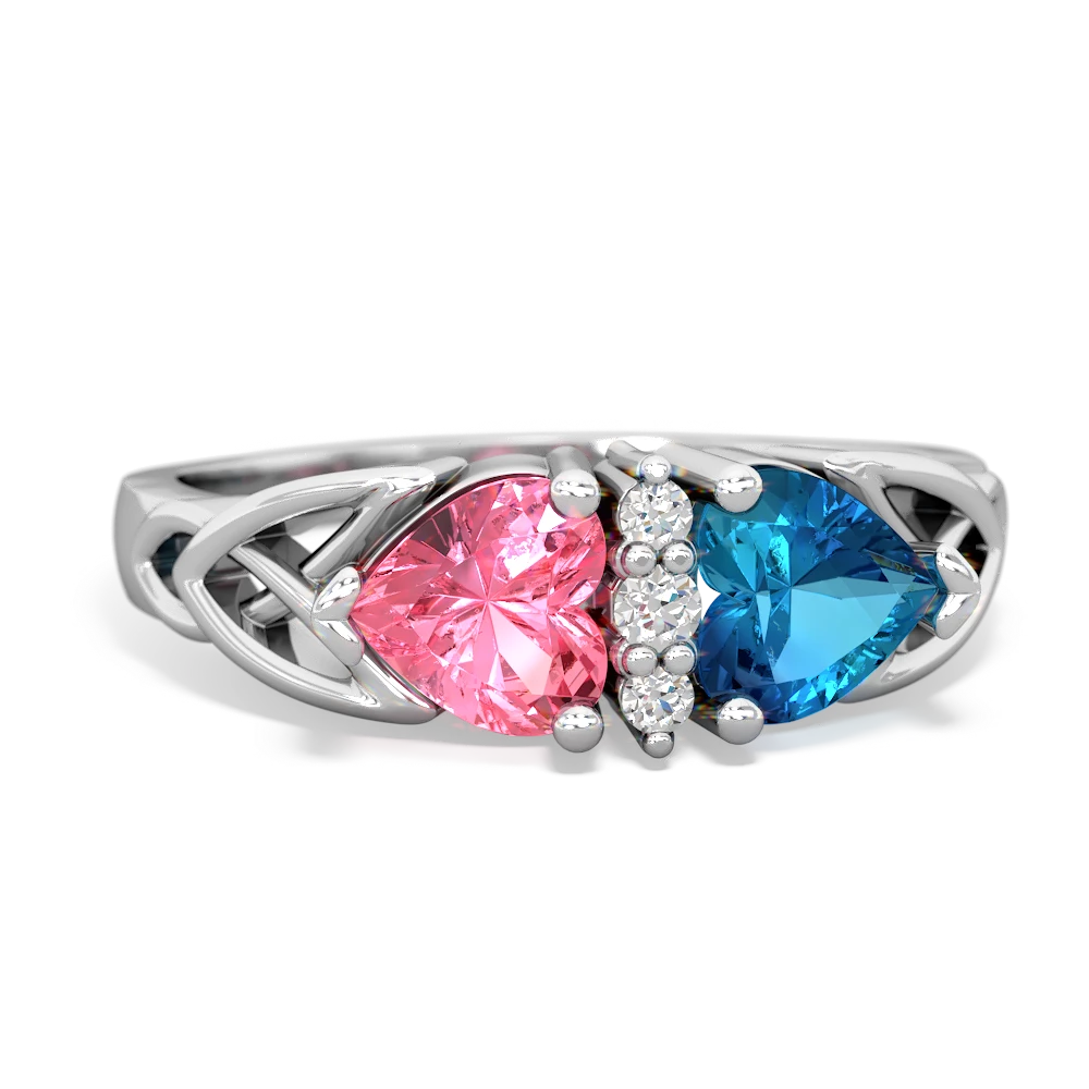 Lab Pink Sapphire Celtic Knot Double Heart 14K White Gold ring R5040