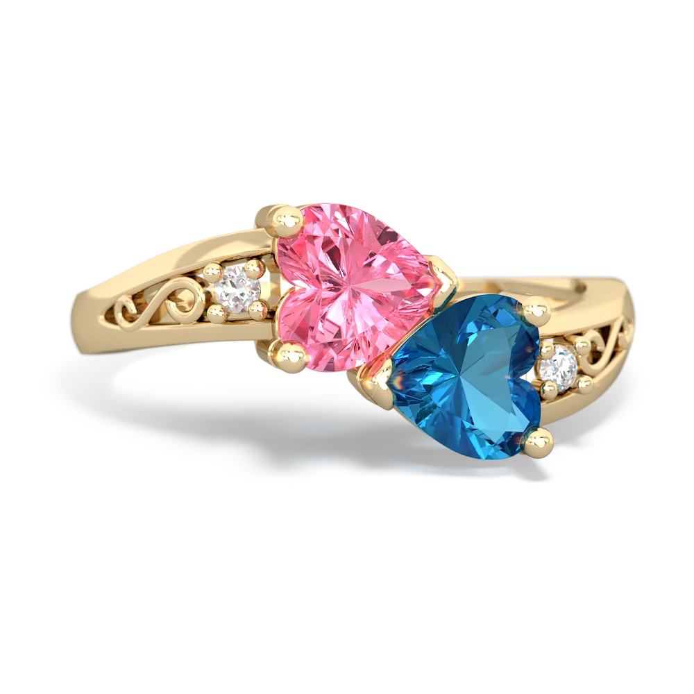 Lab Pink Sapphire Snuggling Hearts 14K Yellow Gold ring R2178