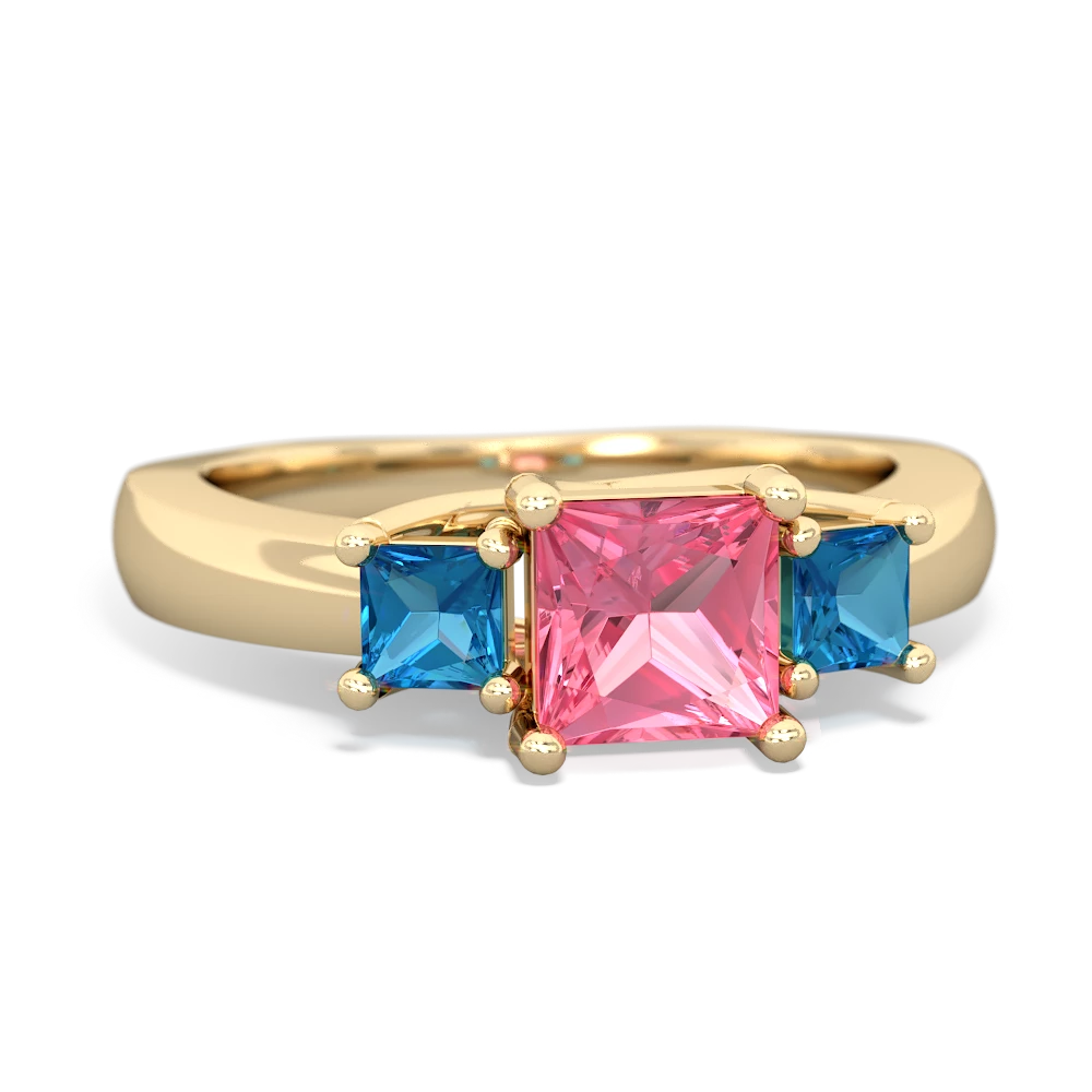 Lab Pink Sapphire Three Stone Trellis 14K Yellow Gold ring R4015