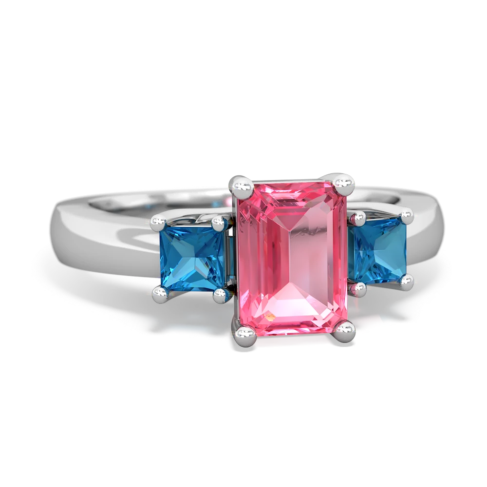 Lab Pink Sapphire Three Stone Emerald-Cut Trellis 14K White Gold ring R4021