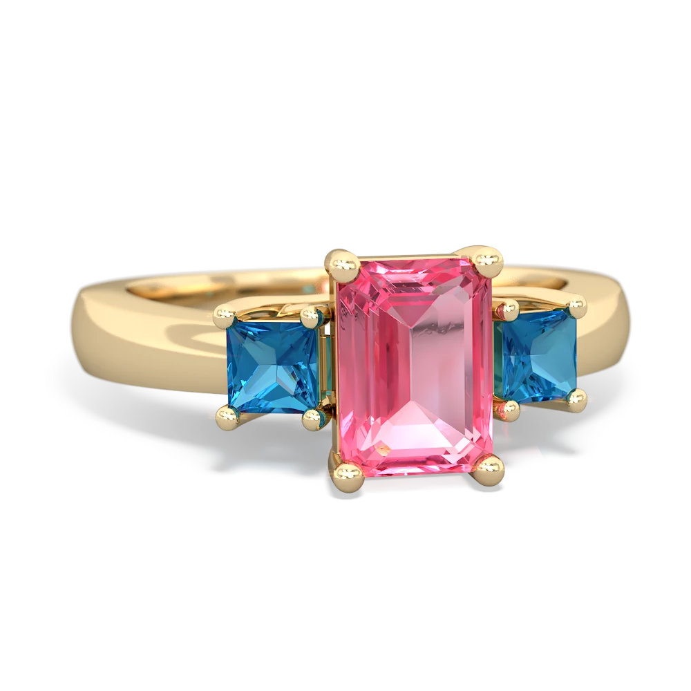 Lab Pink Sapphire Three Stone Emerald-Cut Trellis 14K Yellow Gold ring R4021