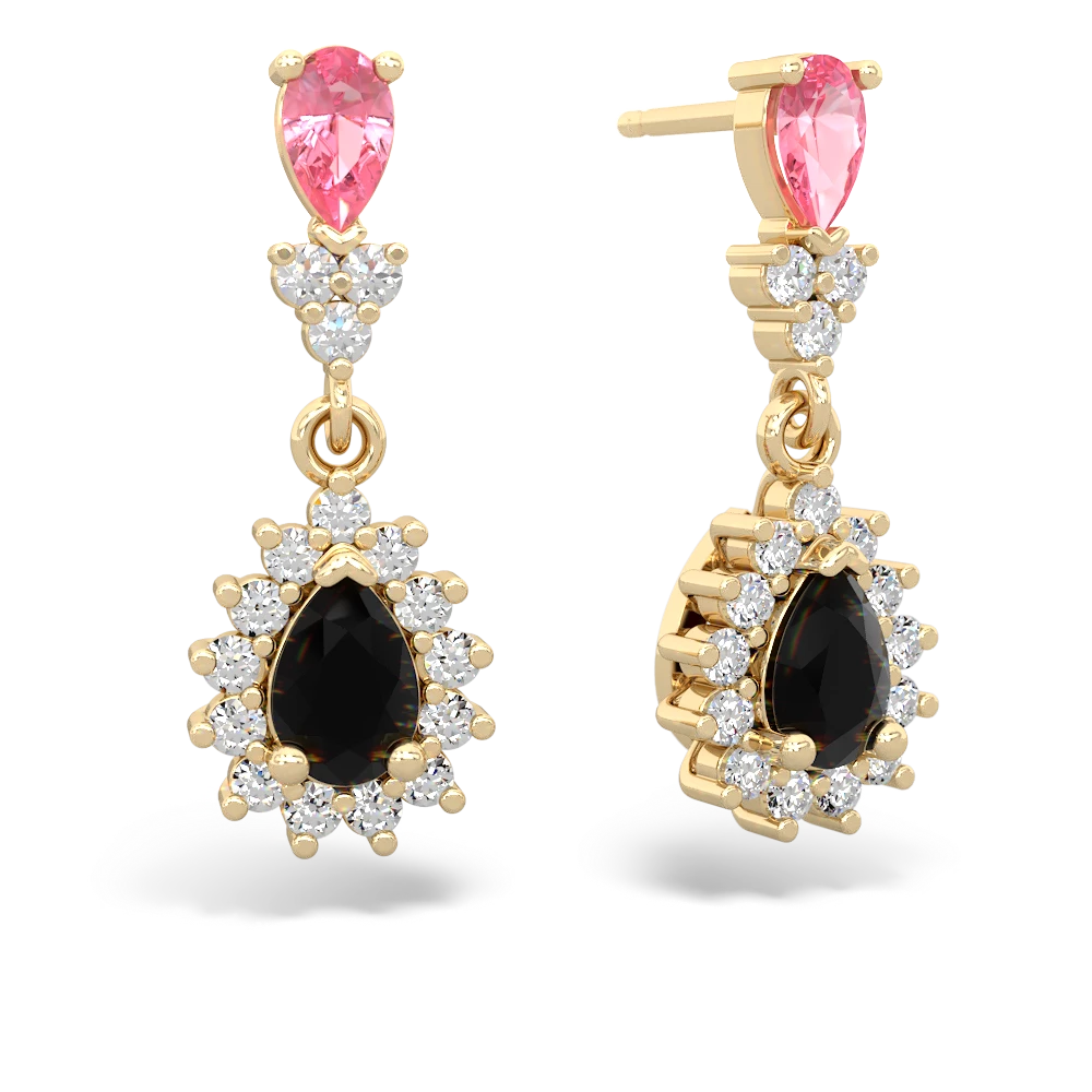 Lab Pink Sapphire Halo Pear Dangle 14K Yellow Gold earrings E1882