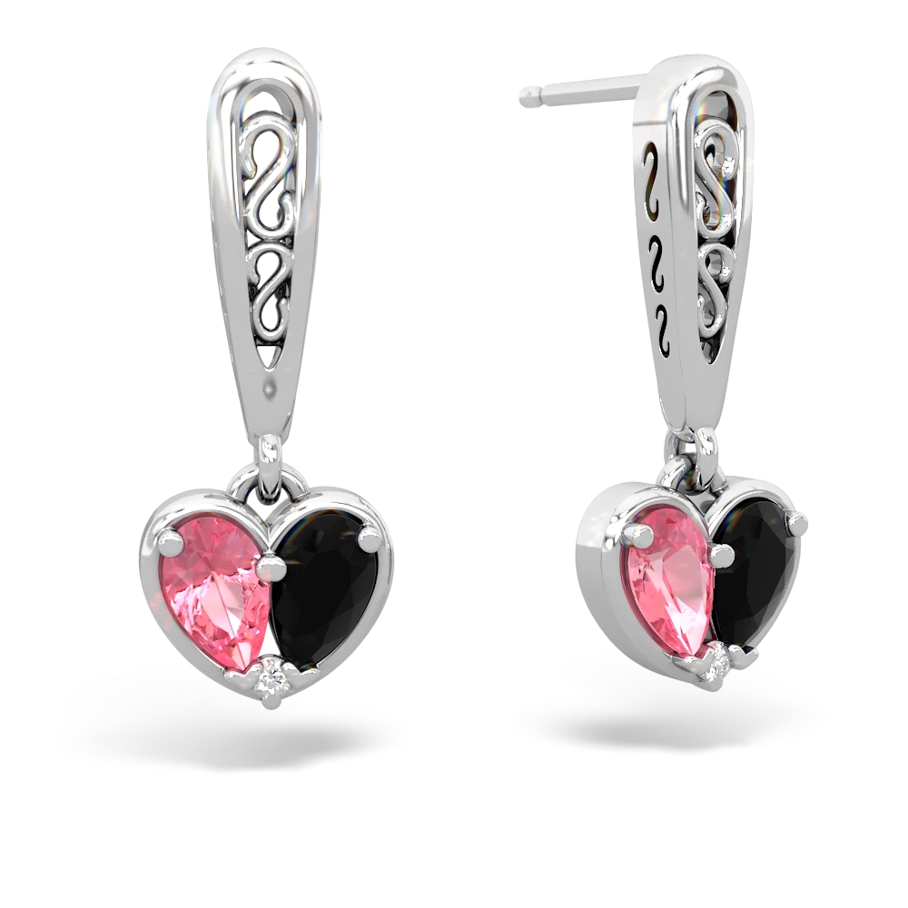 Lab Pink Sapphire Filligree Heart 14K White Gold earrings E5070