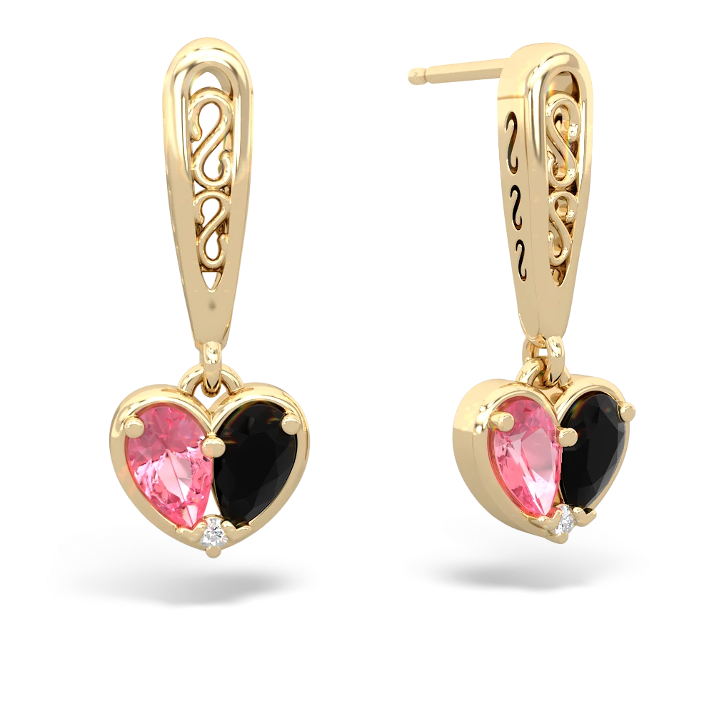 Lab Pink Sapphire Filligree Heart 14K Yellow Gold earrings E5070