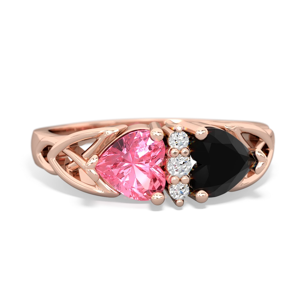 Lab Pink Sapphire Celtic Knot Double Heart 14K Rose Gold ring R5040