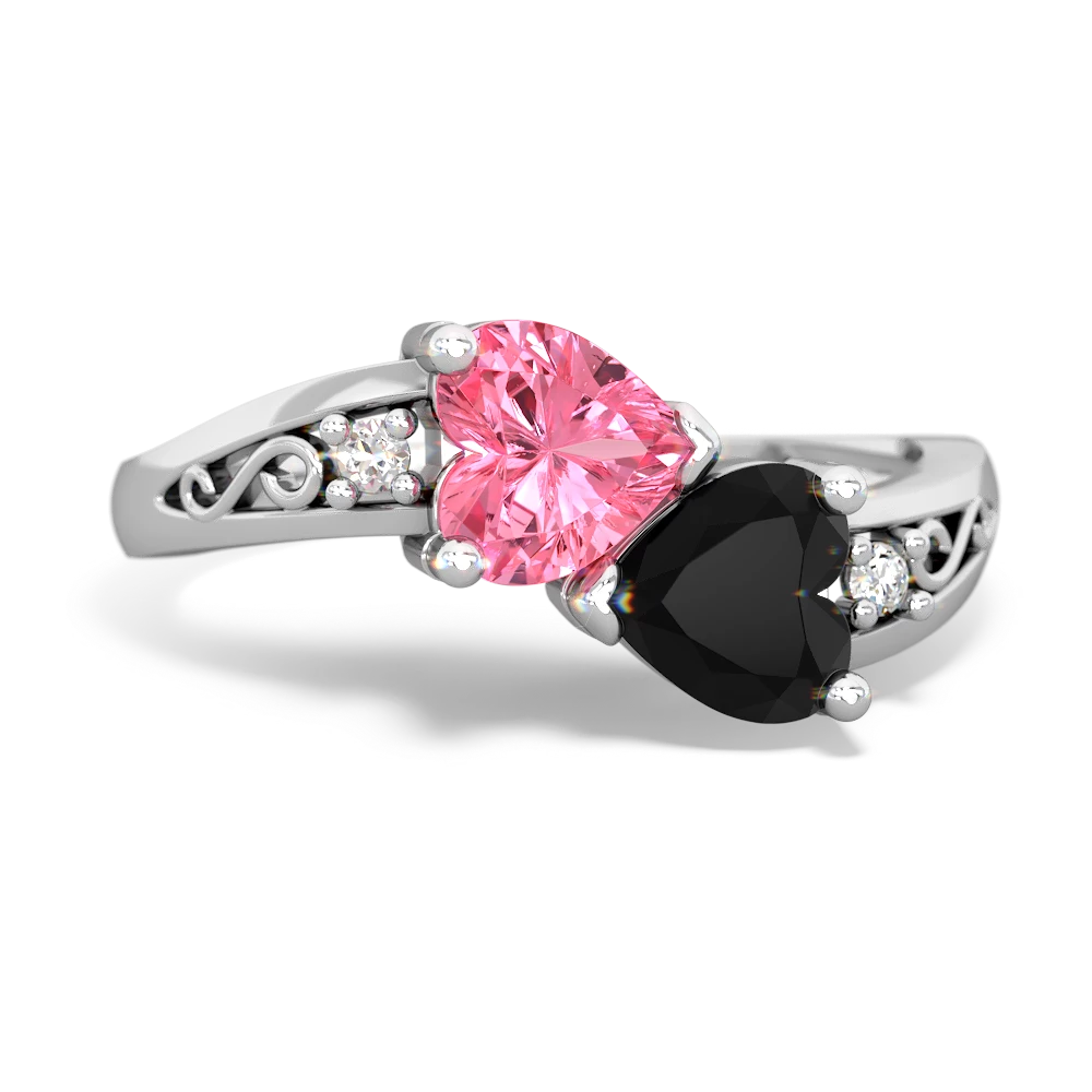 Lab Pink Sapphire Snuggling Hearts 14K White Gold ring R2178