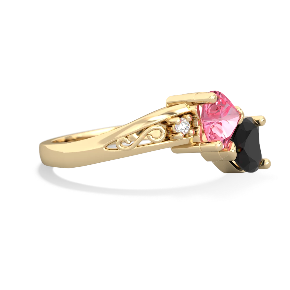 Lab Pink Sapphire Snuggling Hearts 14K Yellow Gold ring R2178