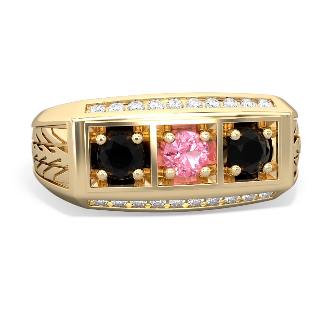 Lab Pink Sapphire Three Stone Tire Tread Men's 14K Yellow Gold ring R0520