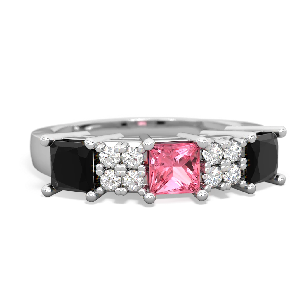 Lab Pink Sapphire Three Stone Diamond Cluster 14K White Gold ring R2592