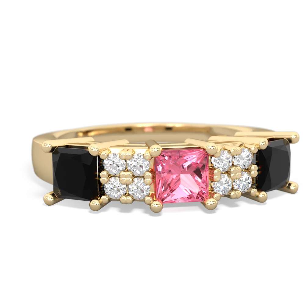 Lab Pink Sapphire Three Stone Diamond Cluster 14K Yellow Gold ring R2592