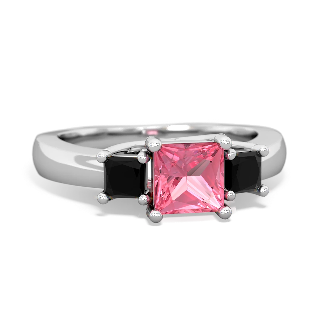 Lab Pink Sapphire Three Stone Trellis 14K White Gold ring R4015