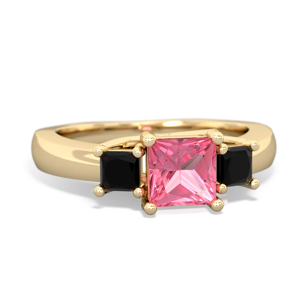 Lab Pink Sapphire Three Stone Trellis 14K Yellow Gold ring R4015