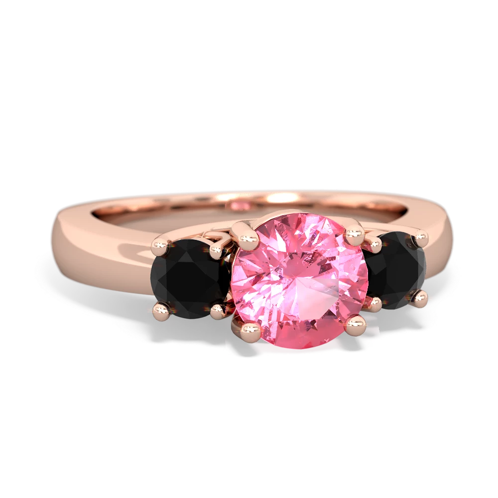 Lab Pink Sapphire Three Stone Round Trellis 14K Rose Gold ring R4018