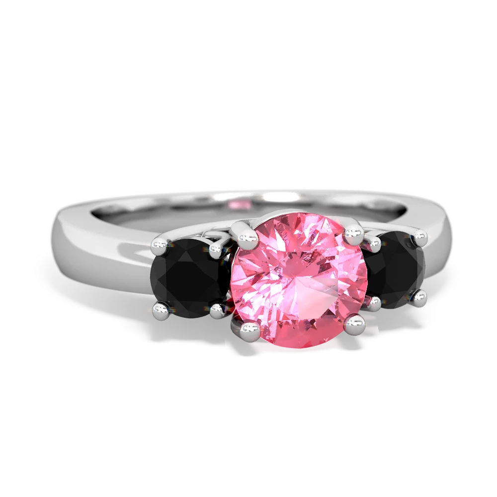 Lab Pink Sapphire Three Stone Round Trellis 14K White Gold ring R4018