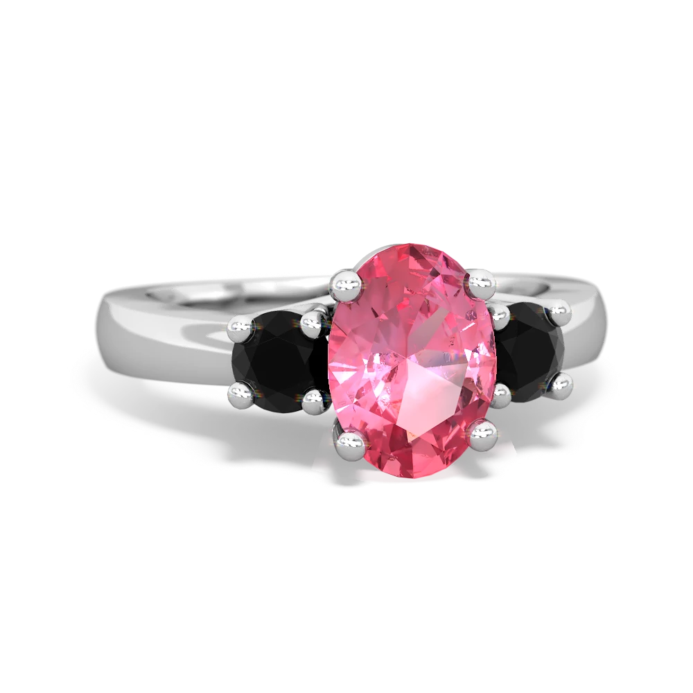 Lab Pink Sapphire Three Stone Oval Trellis 14K White Gold ring R4024