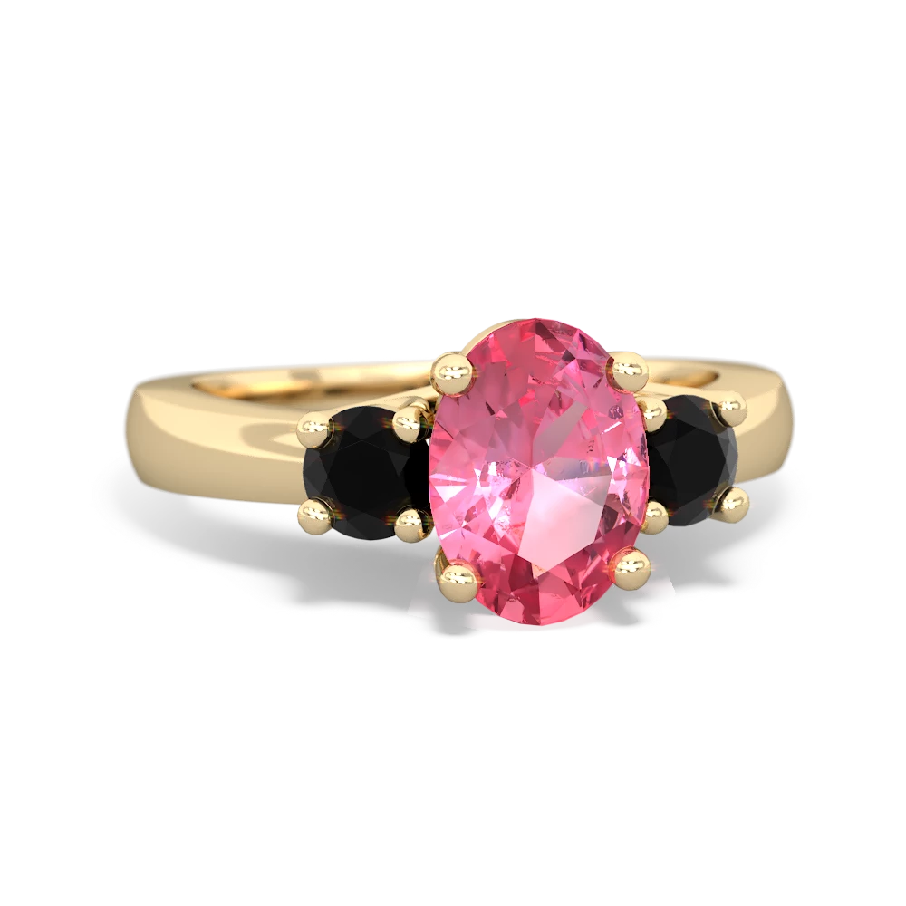 Lab Pink Sapphire Three Stone Oval Trellis 14K Yellow Gold ring R4024