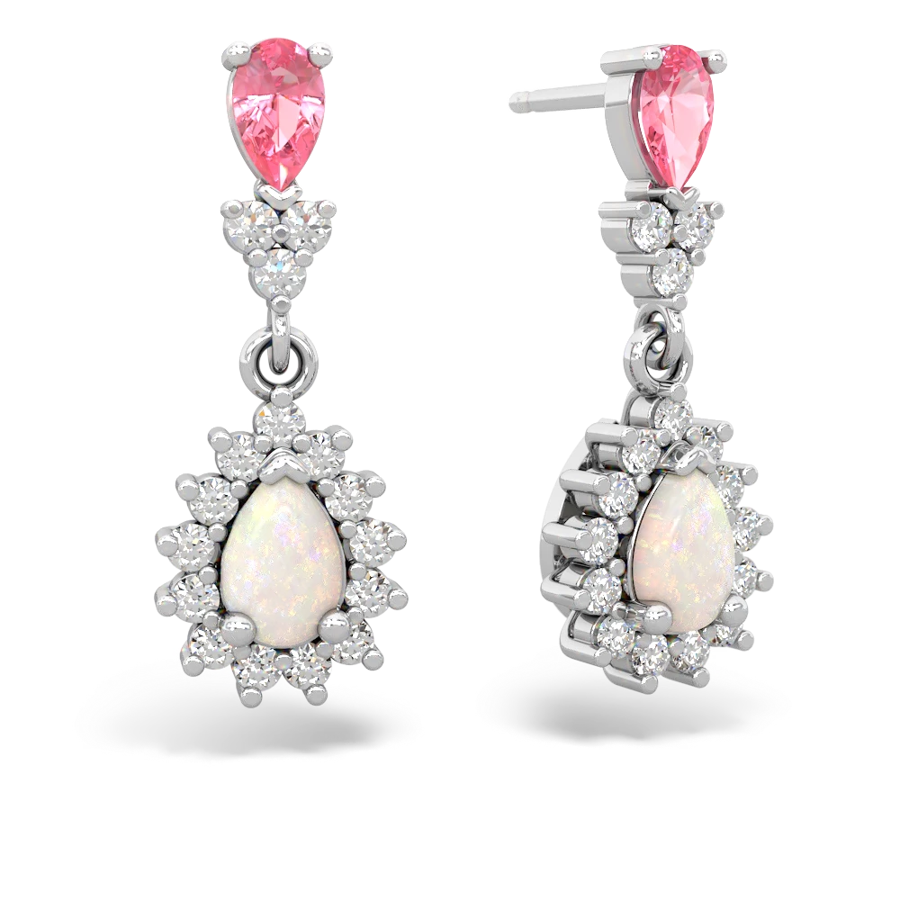 Lab Pink Sapphire Halo Pear Dangle 14K White Gold earrings E1882