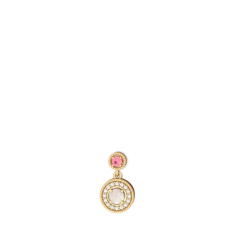 Lab Pink Sapphire Halo Dangle 14K Yellow Gold earrings E5319