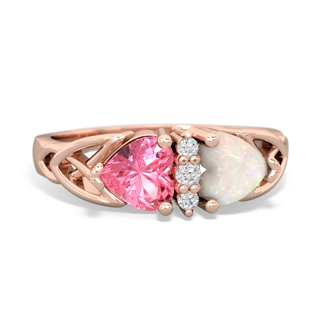 Lab Pink Sapphire Celtic Knot Double Heart 14K Rose Gold ring R5040