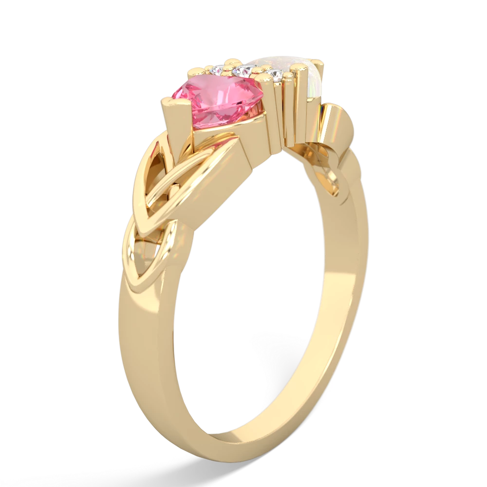 Lab Pink Sapphire Celtic Knot Double Heart 14K Yellow Gold ring R5040