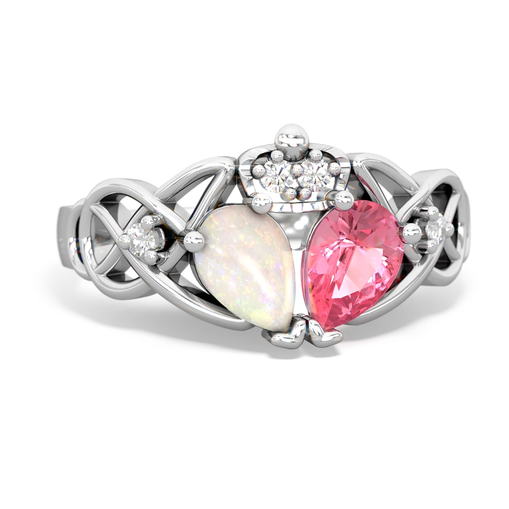 Lab Pink Sapphire 'One Heart' Celtic Knot Claddagh 14K White Gold ring R5322