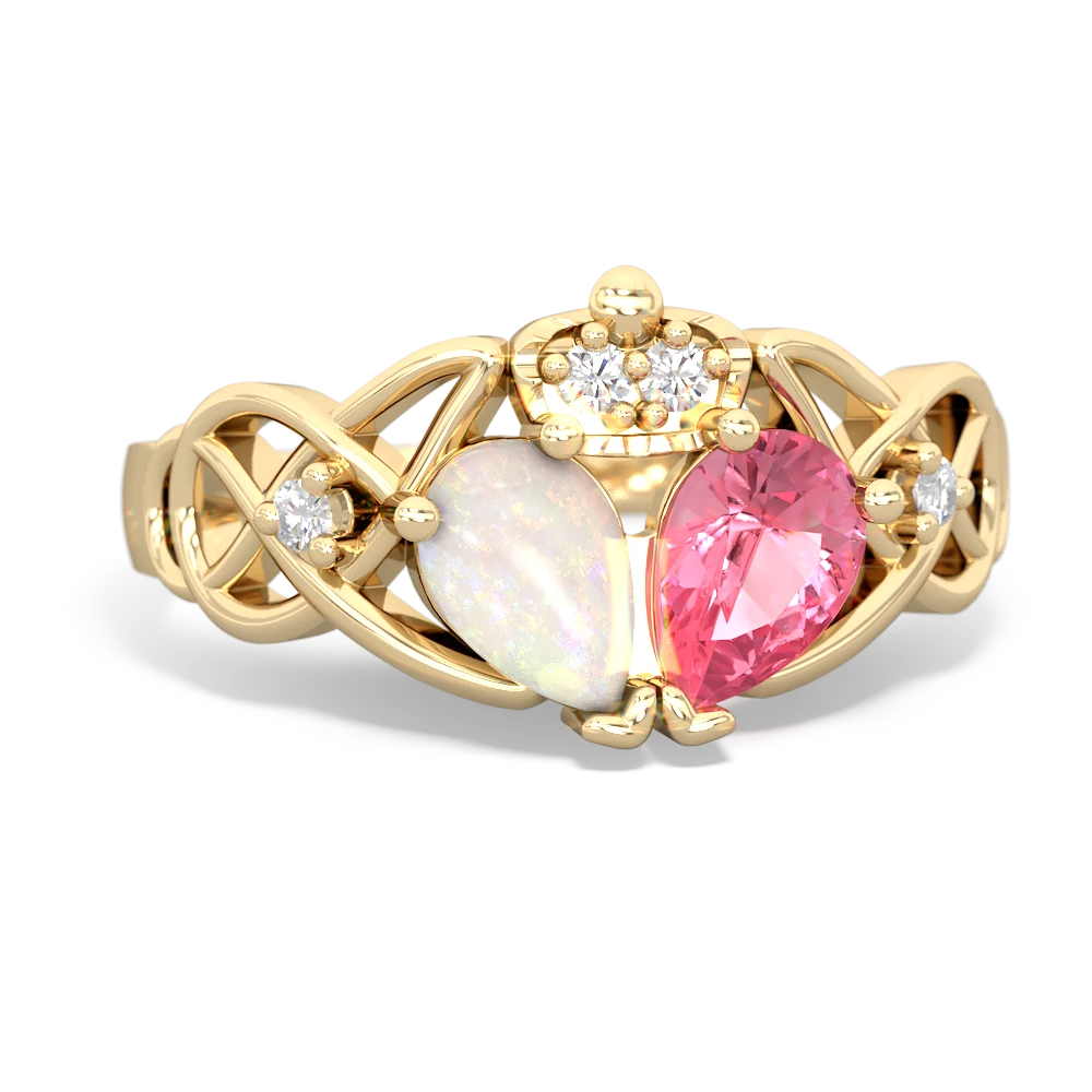 Lab Pink Sapphire 'One Heart' Celtic Knot Claddagh 14K Yellow Gold ring R5322