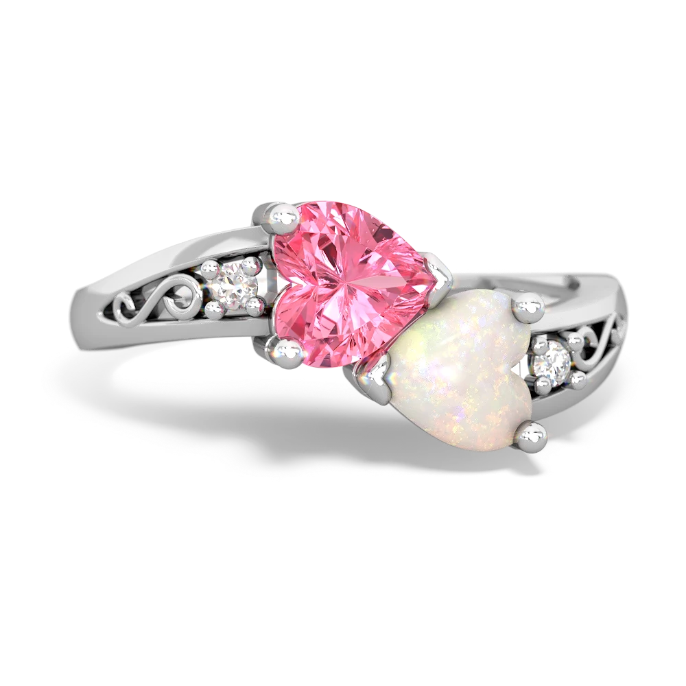 Lab Pink Sapphire Snuggling Hearts 14K White Gold ring R2178