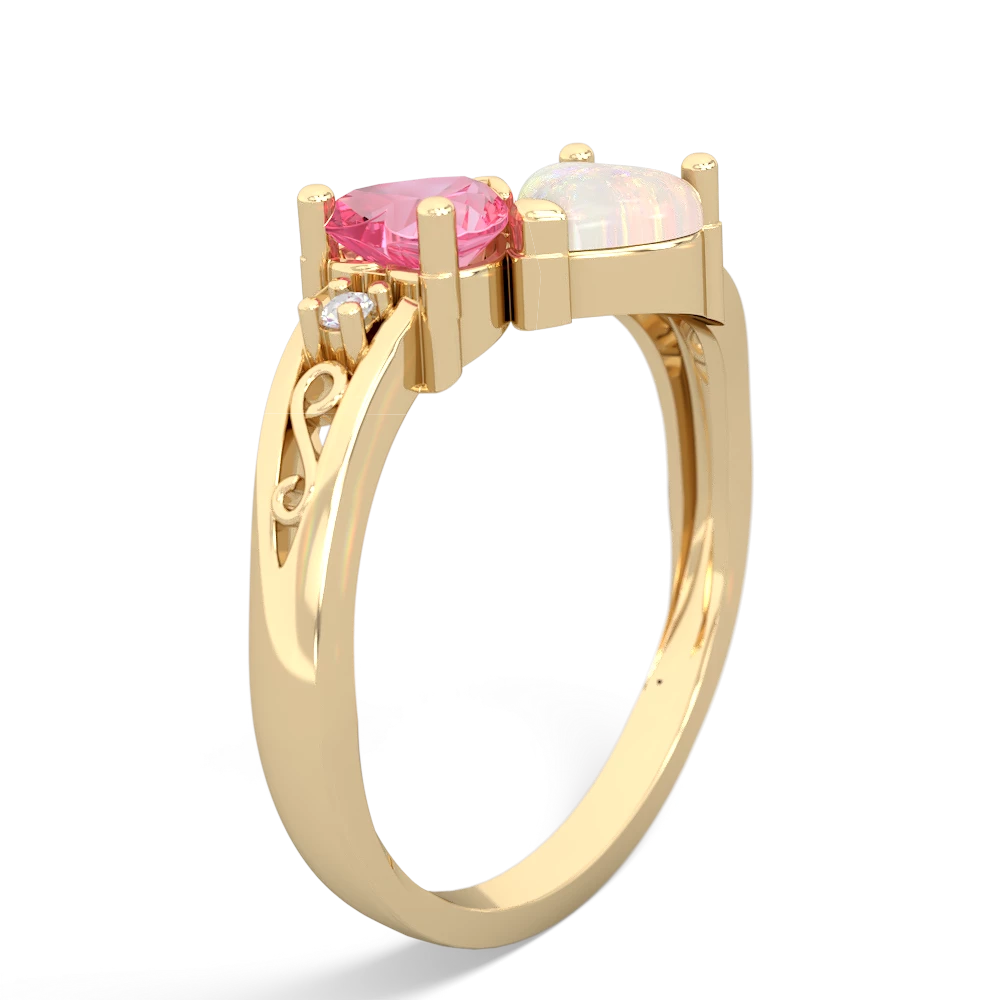 Lab Pink Sapphire Snuggling Hearts 14K Yellow Gold ring R2178