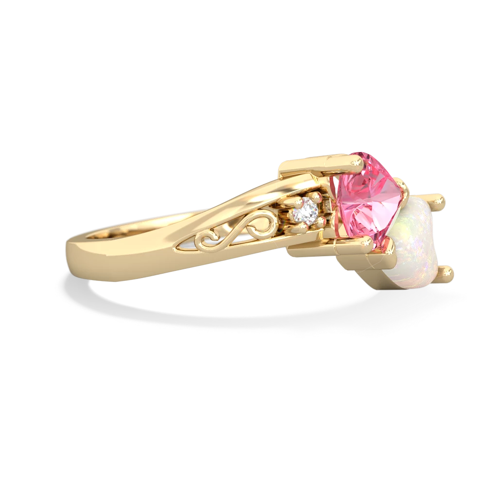 Lab Pink Sapphire Snuggling Hearts 14K Yellow Gold ring R2178