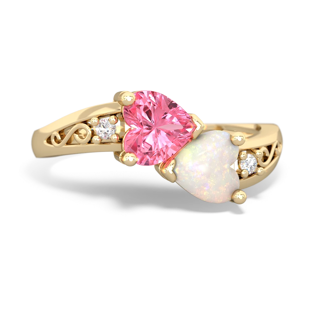 Lab Pink Sapphire Snuggling Hearts 14K Yellow Gold ring R2178