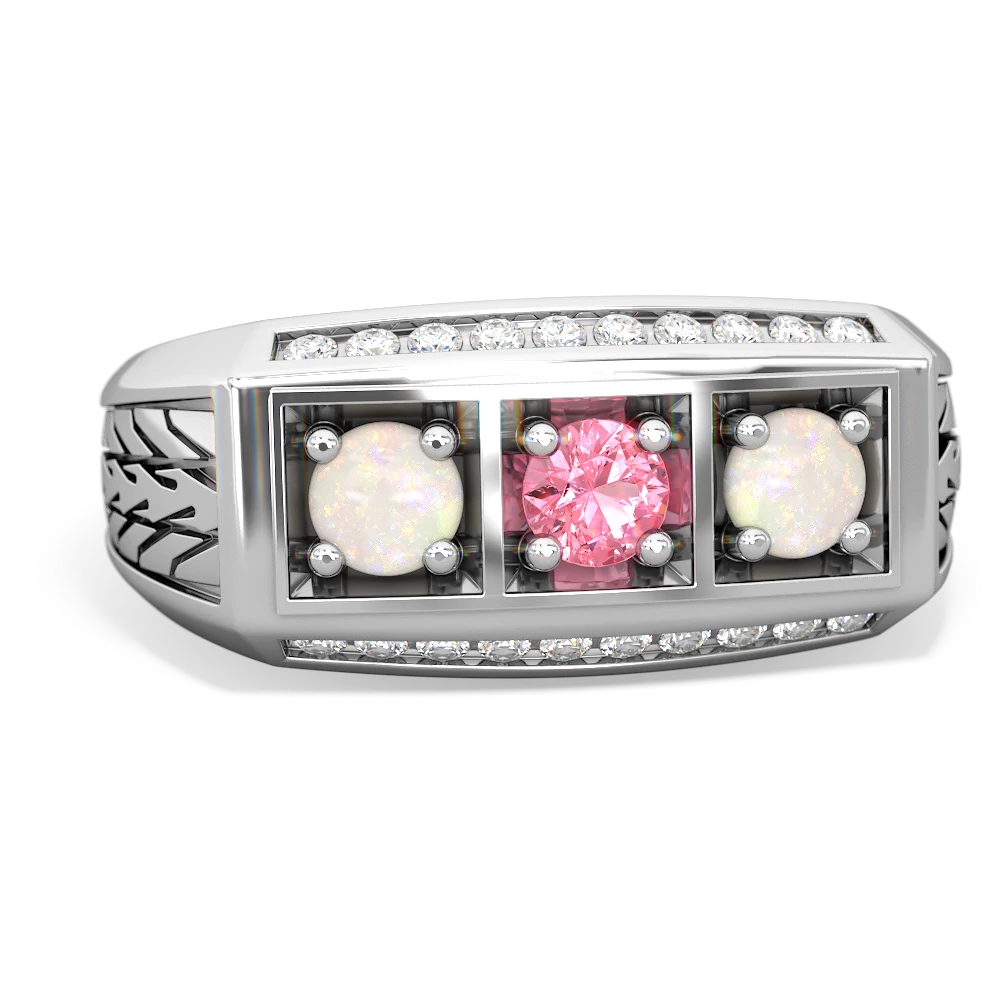 Lab Pink Sapphire Three Stone Tire Tread Men's 14K White Gold ring R0520