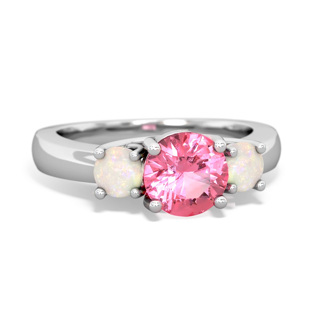 Lab Pink Sapphire Three Stone Round Trellis 14K White Gold ring R4018