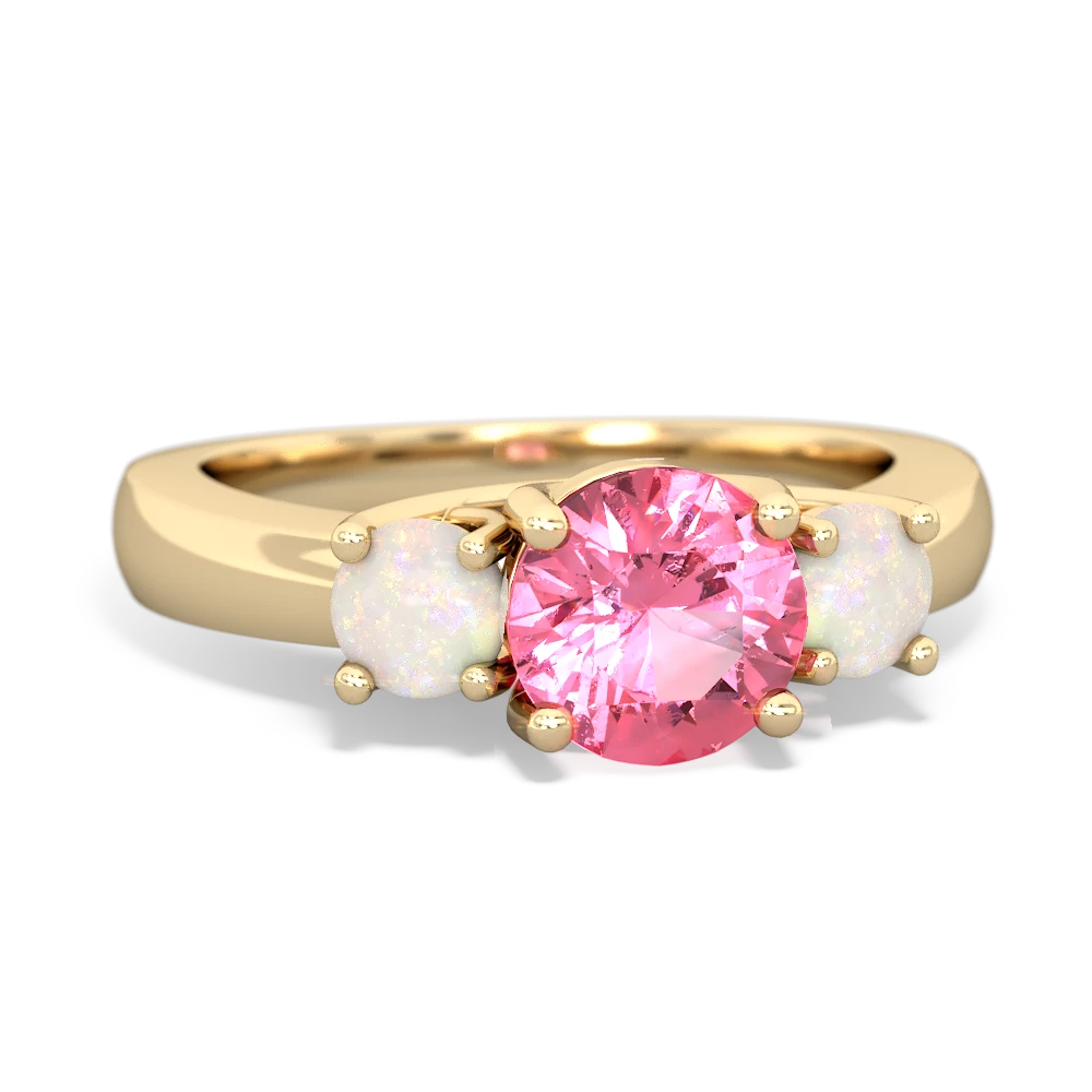 Lab Pink Sapphire Three Stone Round Trellis 14K Yellow Gold ring R4018