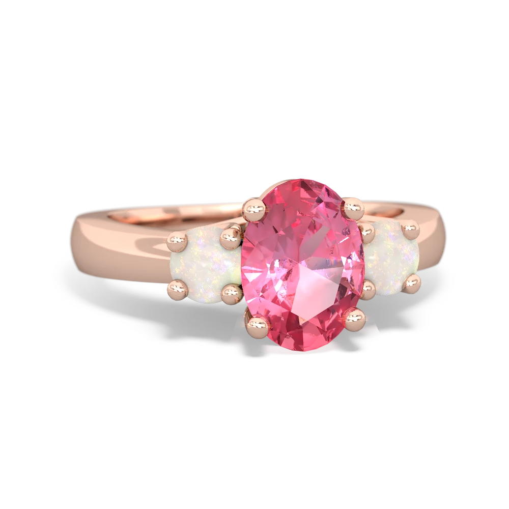 Lab Pink Sapphire Three Stone Oval Trellis 14K Rose Gold ring R4024