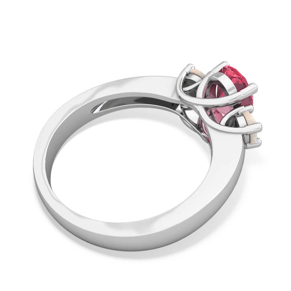 Lab Pink Sapphire Three Stone Oval Trellis 14K White Gold ring R4024