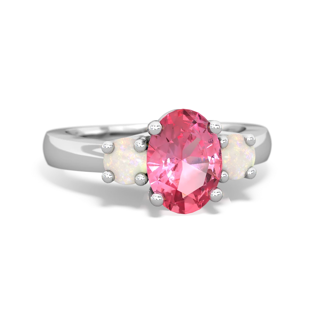 Lab Pink Sapphire Three Stone Oval Trellis 14K White Gold ring R4024