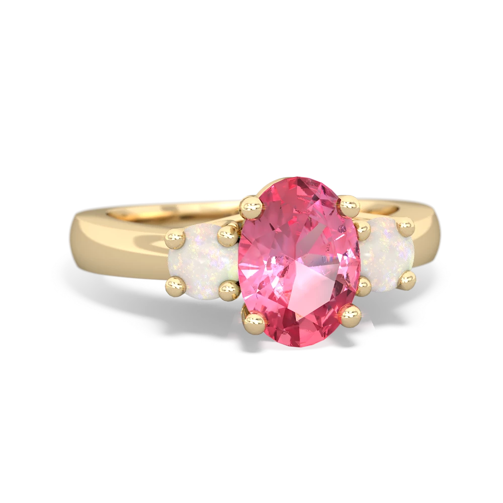 Lab Pink Sapphire Three Stone Oval Trellis 14K Yellow Gold ring R4024