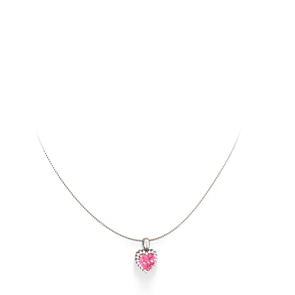 Lab Pink Sapphire Sparkling Halo Heart 14K White Gold pendant P0391