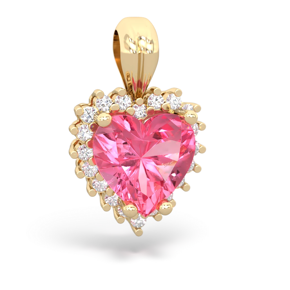 Lab Pink Sapphire Sparkling Halo Heart 14K Yellow Gold pendant P0391