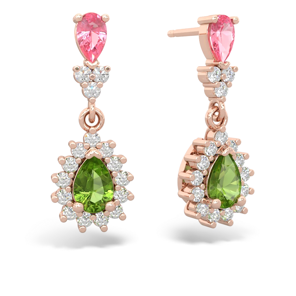 Lab Pink Sapphire Halo Pear Dangle 14K Rose Gold earrings E1882