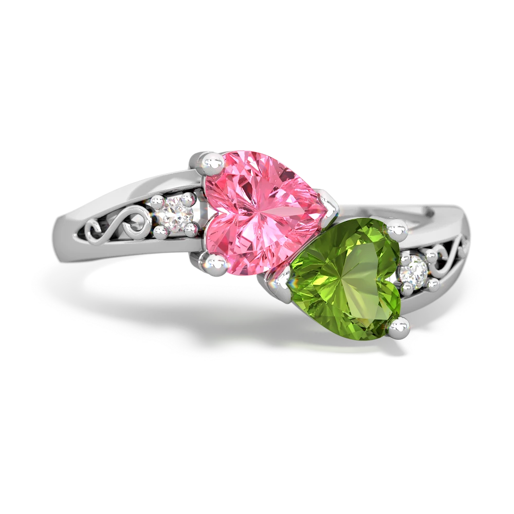 Lab Pink Sapphire Snuggling Hearts 14K White Gold ring R2178