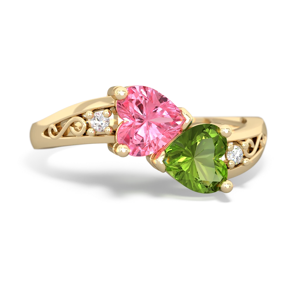 Lab Pink Sapphire Snuggling Hearts 14K Yellow Gold ring R2178