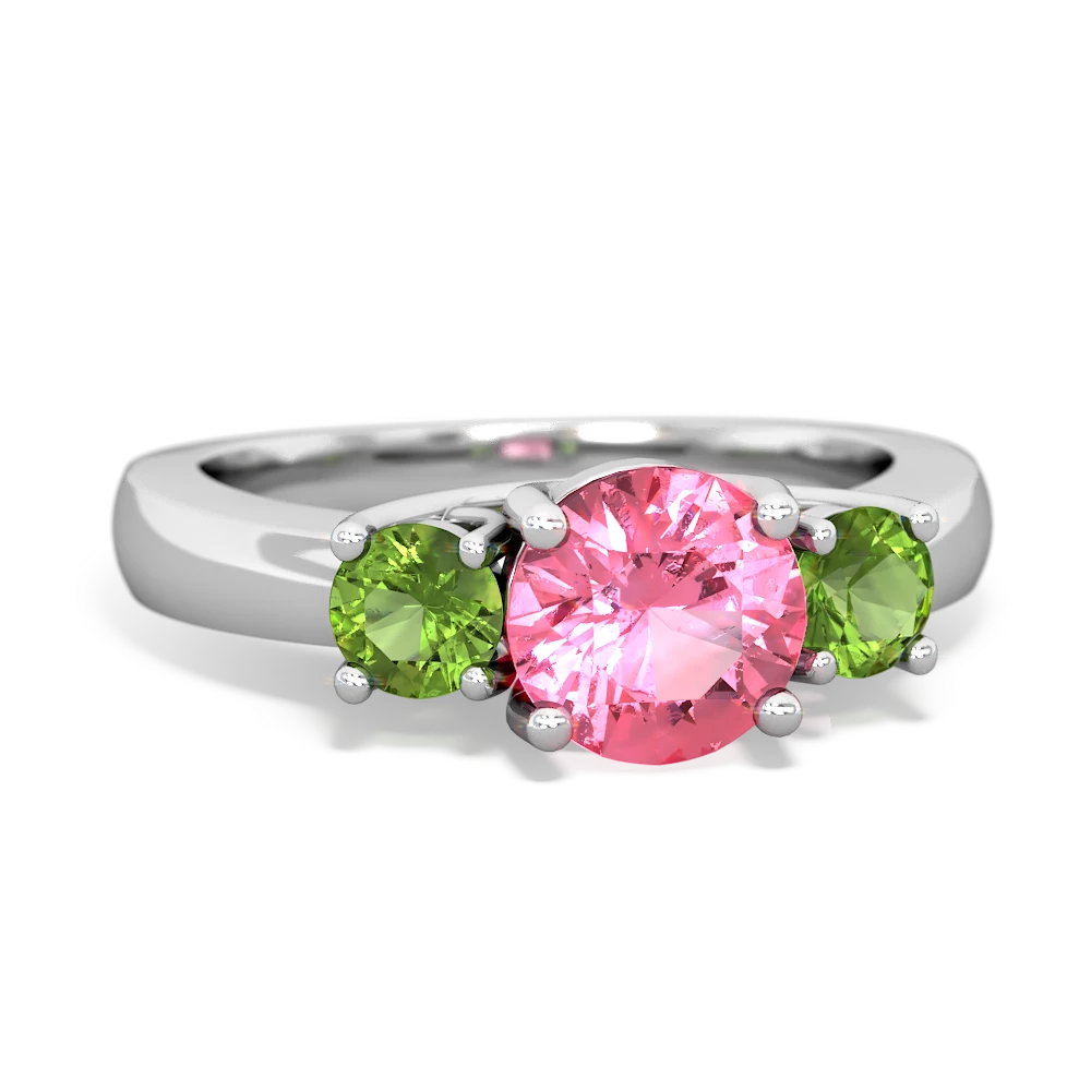 Lab Pink Sapphire Three Stone Round Trellis 14K White Gold ring R4018