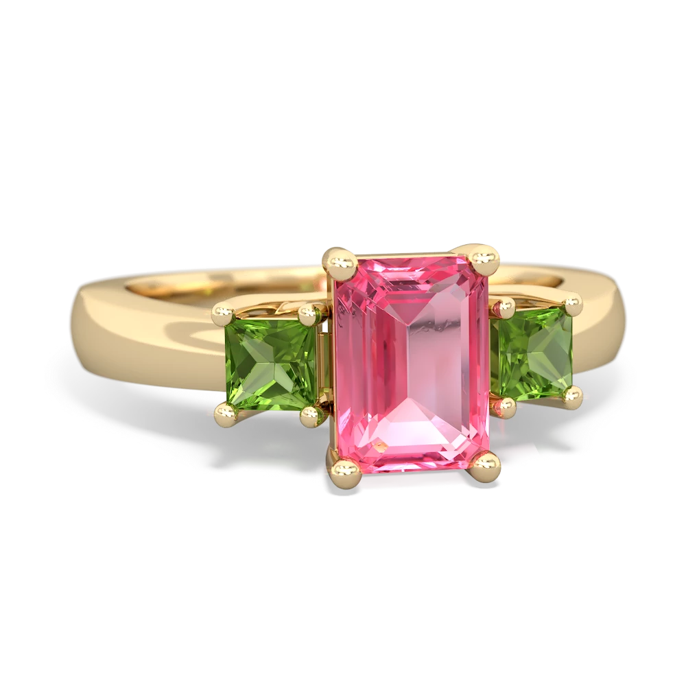 Lab Pink Sapphire Three Stone Emerald-Cut Trellis 14K Yellow Gold ring R4021