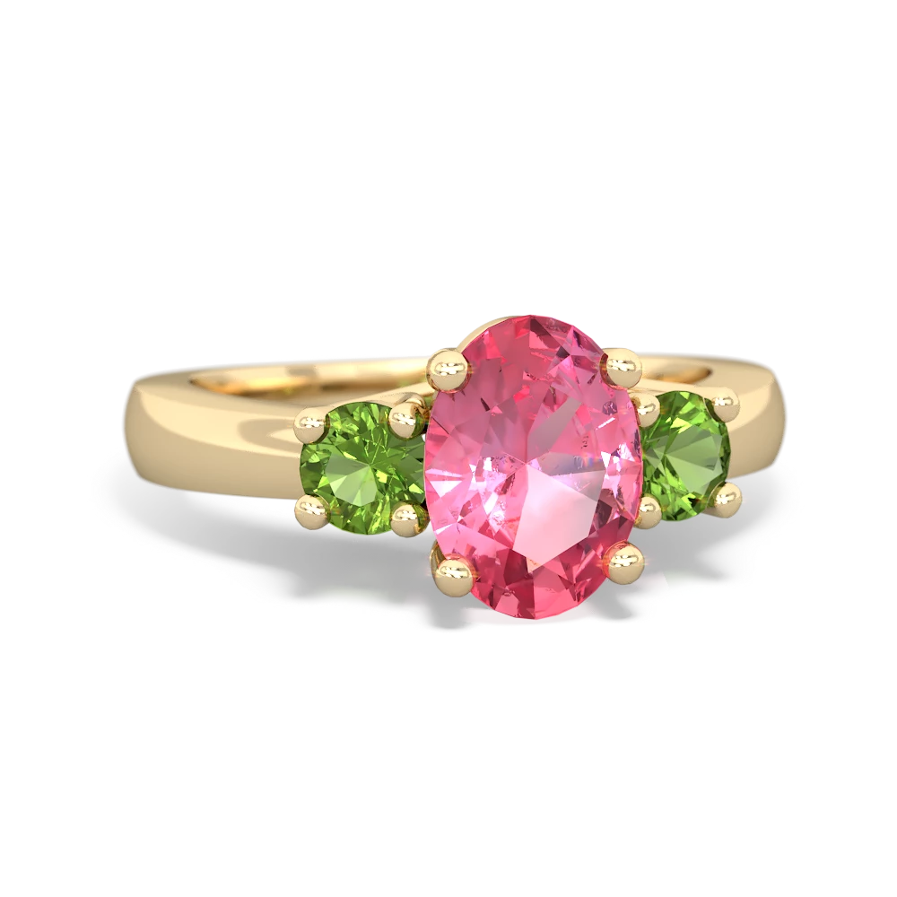 Lab Pink Sapphire Three Stone Oval Trellis 14K Yellow Gold ring R4024