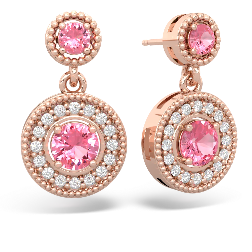 Lab Pink Sapphire Halo Dangle 14K Rose Gold earrings E5319