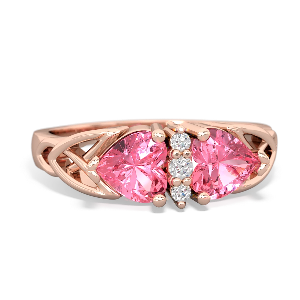 Lab Pink Sapphire Celtic Knot Double Heart 14K Rose Gold ring R5040