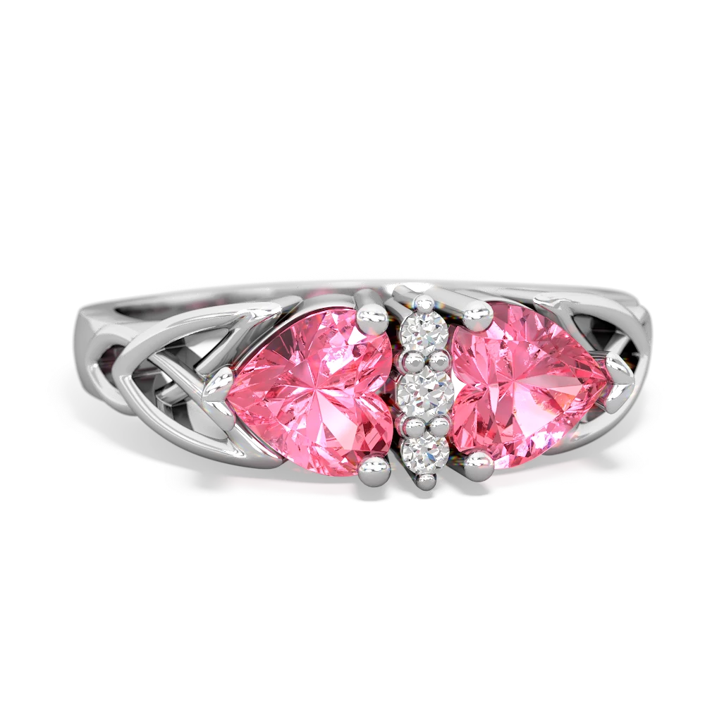 Lab Pink Sapphire Celtic Knot Double Heart 14K White Gold ring R5040