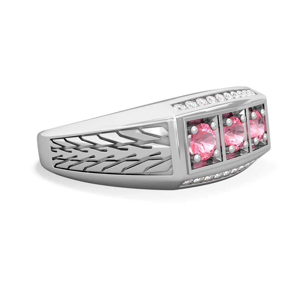 Pink Tourmaline Three Stone Tire Tread Men's 14K White Gold ring R0520